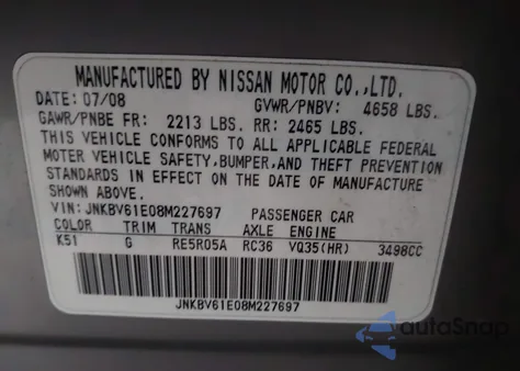 2008 Infiniti G35 Journey from USA, damaged, VIN JNKBV61E08M227697